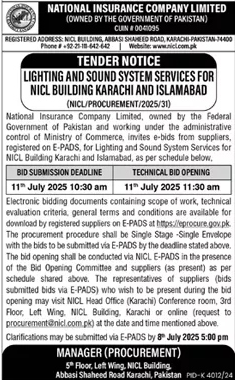 National Insurance Company Limited Karachi Tender Notice
